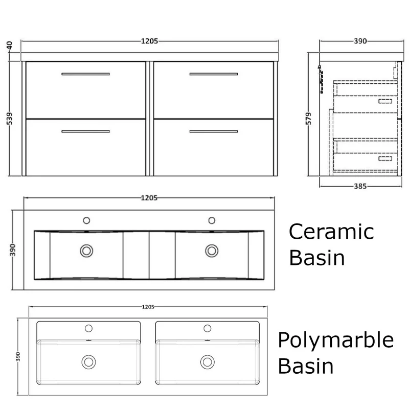 Hudson Reed Juno Wall Hung 1200mm Vanity Unit With 4 Drawers & Twin Basin