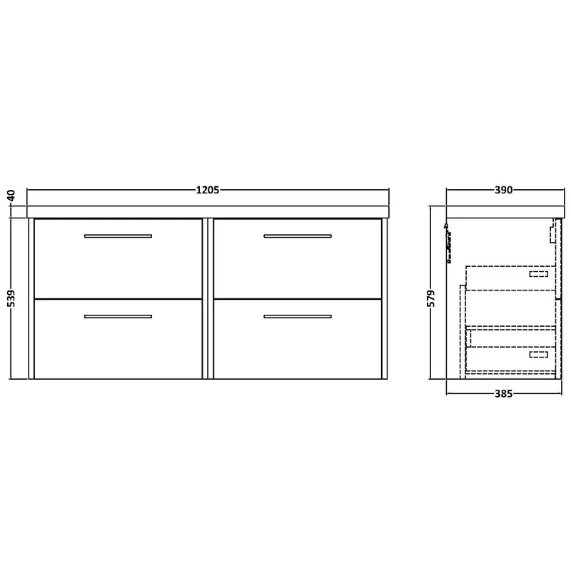 Hudson Reed Juno Wall Hung 1200mm Vanity Unit With 4 Drawers & Twin Basin