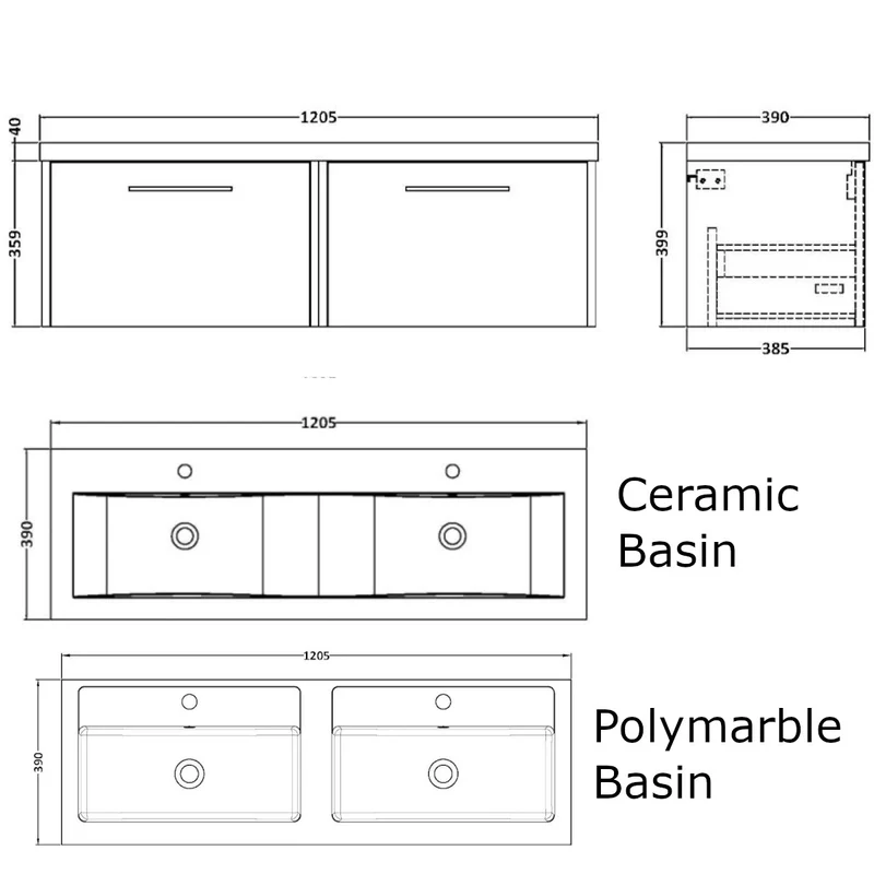 Hudson Reed Juno Wall Hung 1200mm Vanity Unit With 2 Drawers & Twin Basin
