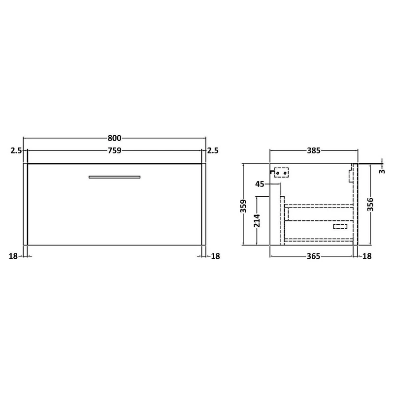 Hudson Reed Juno Wall Hung 800mm Vanity Unit With 1 Drawer & Ceramic Basin