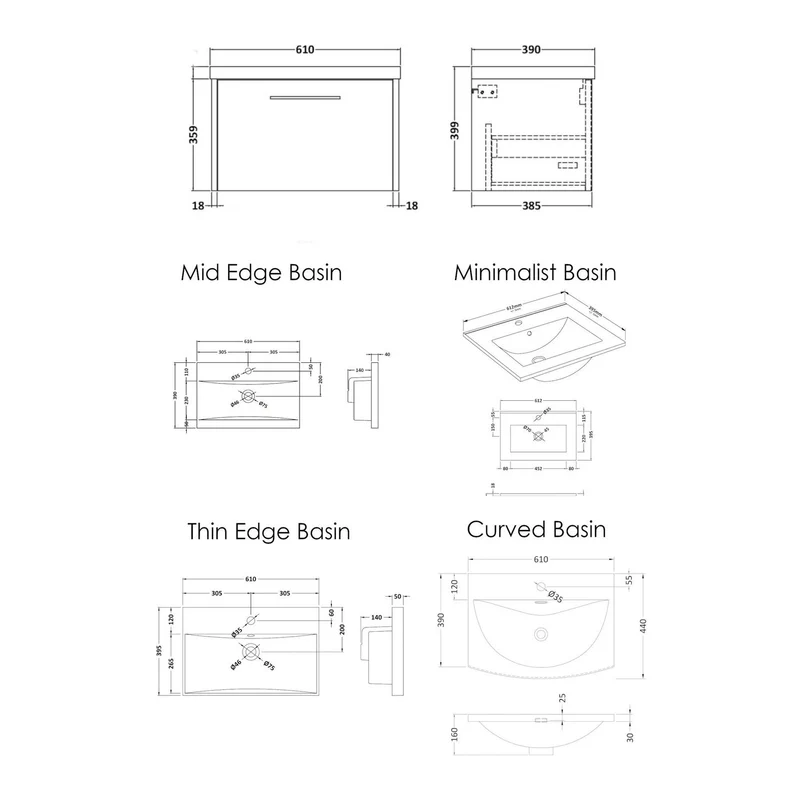 Hudson Reed Juno Wall Hung 600mm Vanity Unit With 1 Drawer & Ceramic Basin