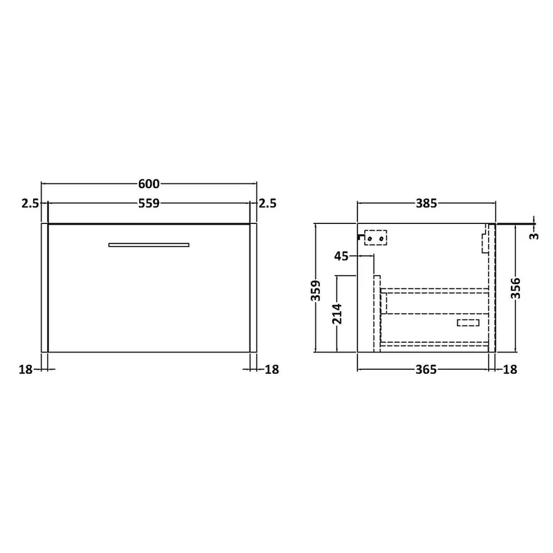Hudson Reed Juno Wall Hung 600mm Vanity Unit With 1 Drawer & Ceramic Basin