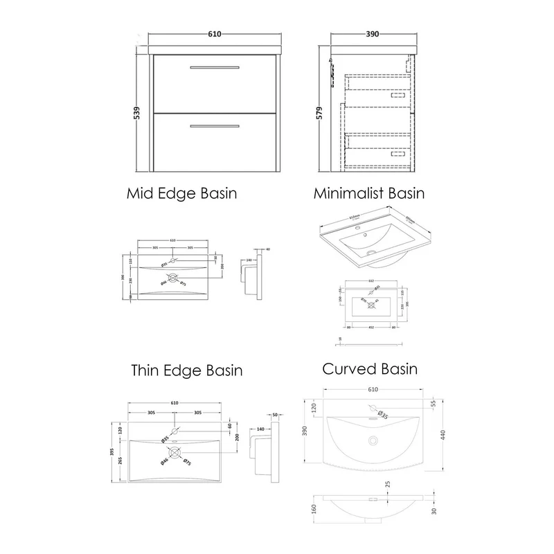 Hudson Reed Juno Wall Hung 600mm Vanity Unit With 2 Drawers & Ceramic Basin