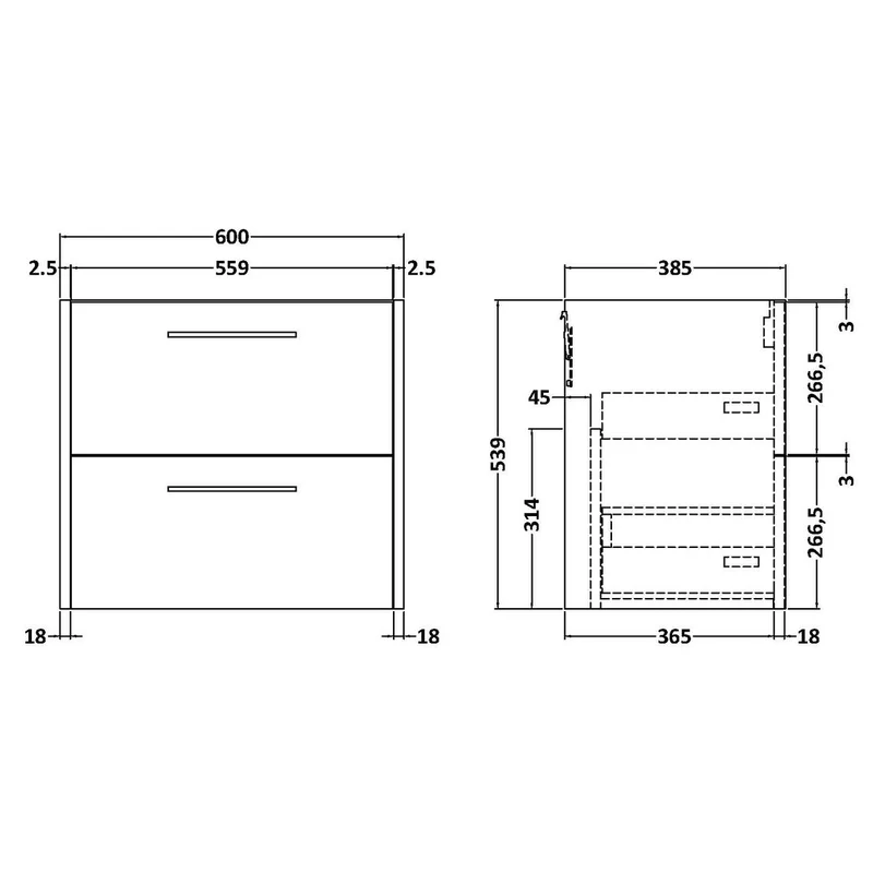 Hudson Reed Juno Wall Hung 600mm Vanity Unit With 2 Drawers & Ceramic Basin