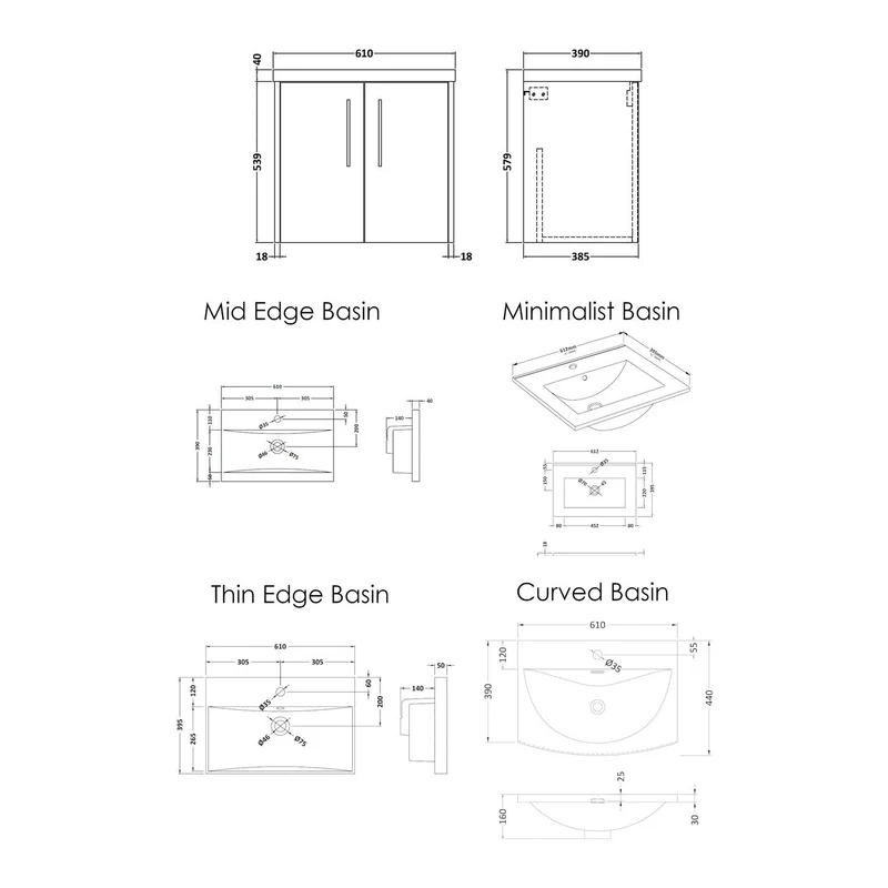 Hudson Reed Juno Wall Hung 600mm Vanity Unit With 2 Doors & Ceramic Basin