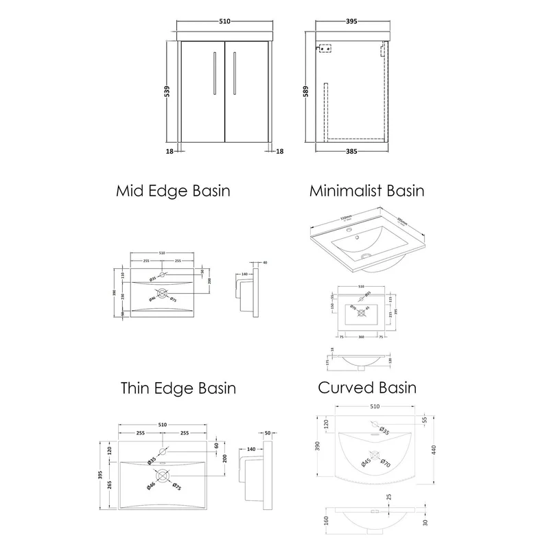 Hudson Reed Juno Wall Hung 500mm Vanity Unit With 2 Doors & Ceramic Basin