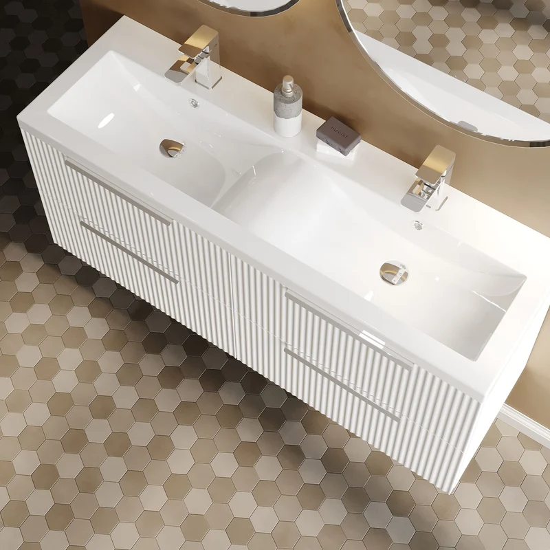 Hudson Reed Fluted Wall Hung 1200mm Vanity Unit With 4 Drawers & Twin Basin - Satin White
