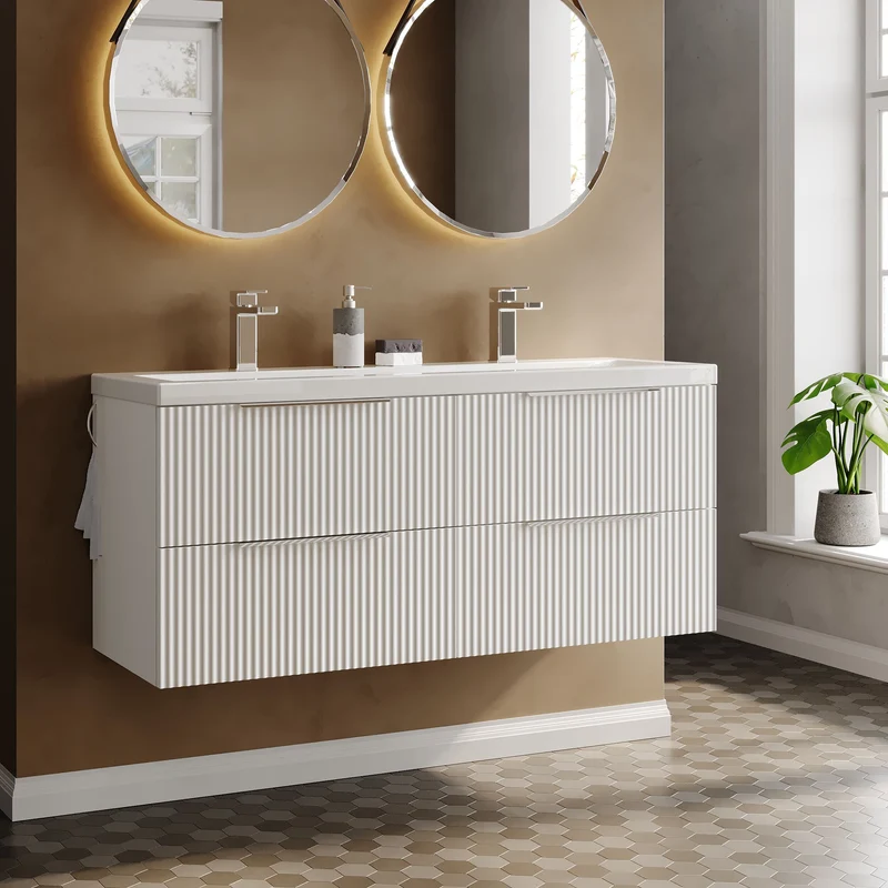 Hudson Reed Fluted Wall Hung 1200mm Vanity Unit With 4 Drawers & Twin Basin - Satin White