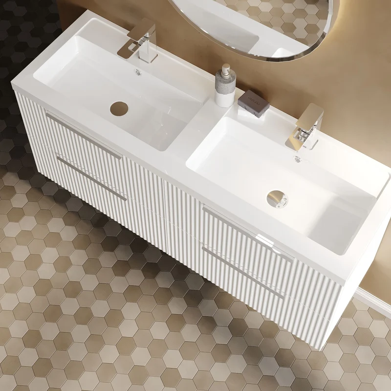 Hudson Reed Fluted Wall Hung 1200mm Vanity Unit With 4 Drawers & Twin Basin - Satin White