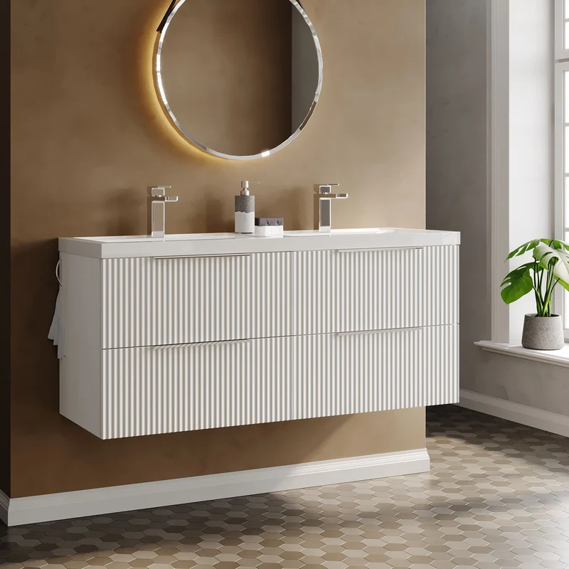 Hudson Reed Fluted Wall Hung 1200mm Vanity Unit With 4 Drawers & Twin Basin - Satin White