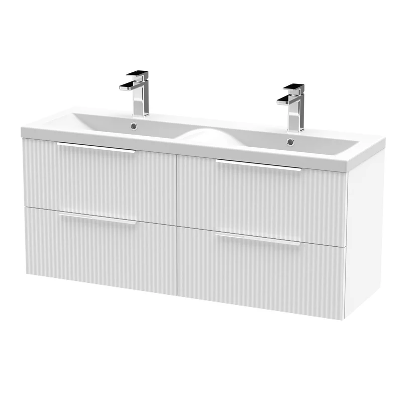 Hudson Reed Fluted Wall Hung 1200mm Vanity Unit With 4 Drawers & Twin Basin - Satin White