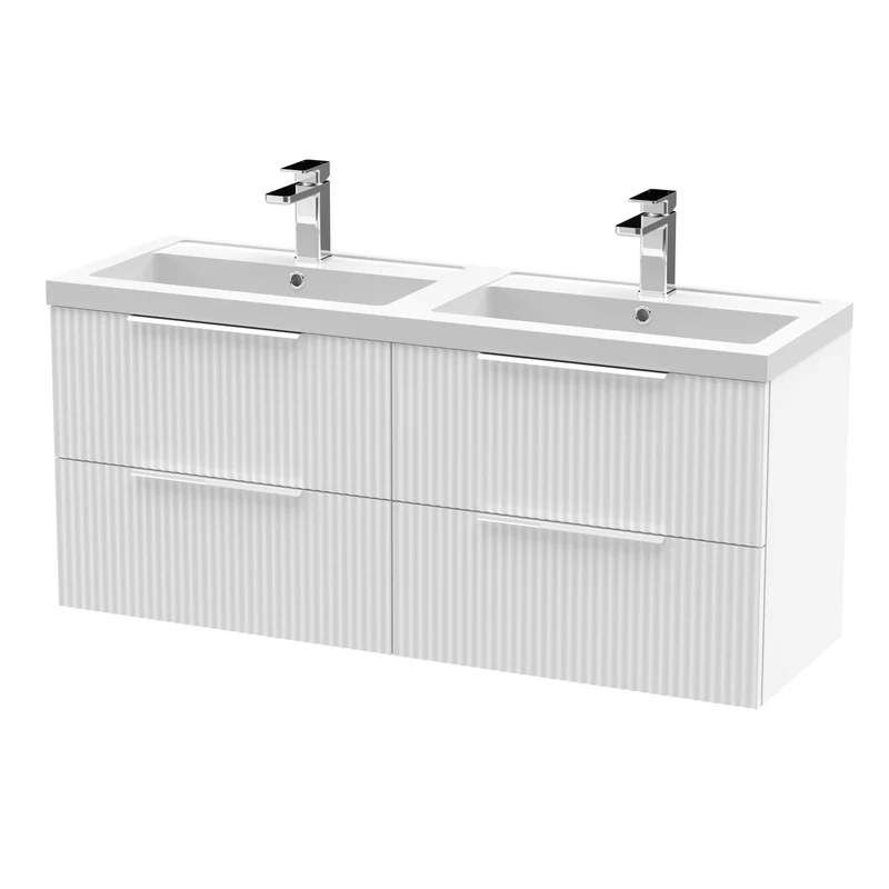 Hudson Reed Fluted Wall Hung 1200mm Vanity Unit With 4 Drawers & Twin Basin - Satin White
