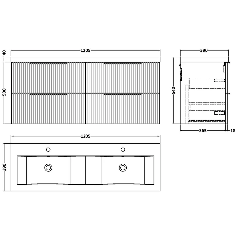 Hudson Reed Fluted Wall Hung 1200mm Vanity Unit With 4 Drawers & Twin Basin - Satin White