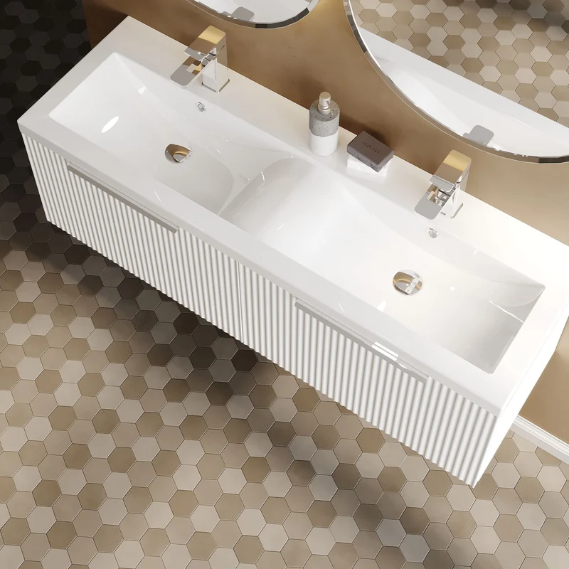 Hudson Reed Fluted Wall Hung 1200mm Vanity Unit With 2 Drawers & Twin Basin - Satin White