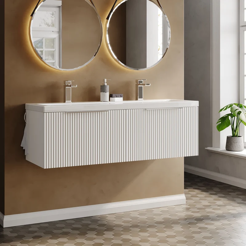 Hudson Reed Fluted Wall Hung 1200mm Vanity Unit With 2 Drawers & Twin Basin - Satin White
