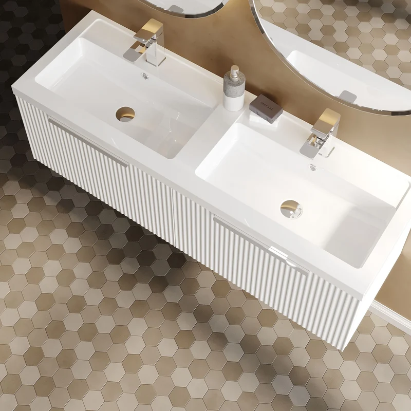Hudson Reed Fluted Wall Hung 1200mm Vanity Unit With 2 Drawers & Twin Basin - Satin White