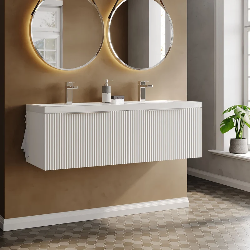Hudson Reed Fluted Wall Hung 1200mm Vanity Unit With 2 Drawers & Twin Basin - Satin White
