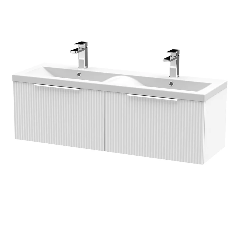Hudson Reed Fluted Wall Hung 1200mm Vanity Unit With 2 Drawers & Twin Basin - Satin White