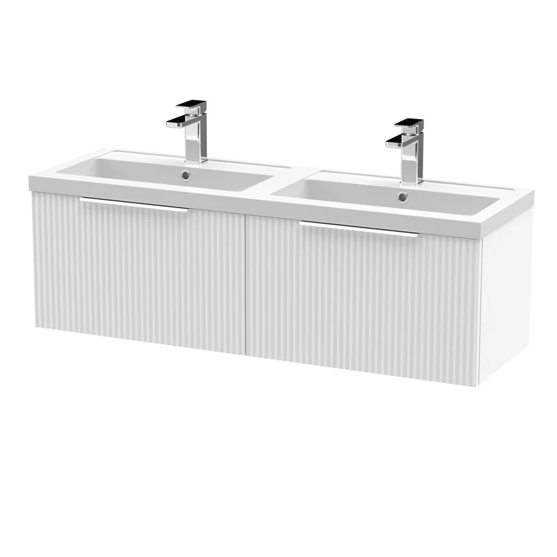 Hudson Reed Fluted Wall Hung 1200mm Vanity Unit With 2 Drawers & Twin Basin - Satin White