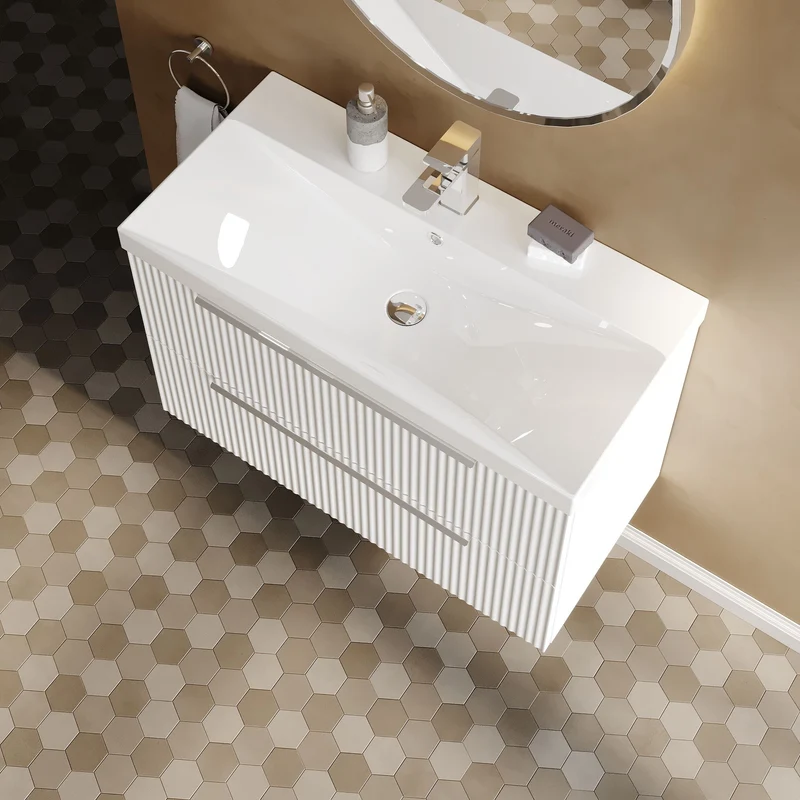 Hudson Reed Fluted Wall Hung 800mm Vanity Unit With 2 Drawers & Ceramic Basin - Satin White
