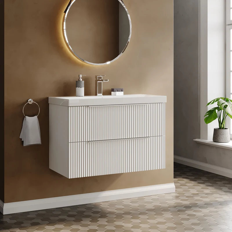 Hudson Reed Fluted Wall Hung 800mm Vanity Unit With 2 Drawers & Ceramic Basin - Satin White