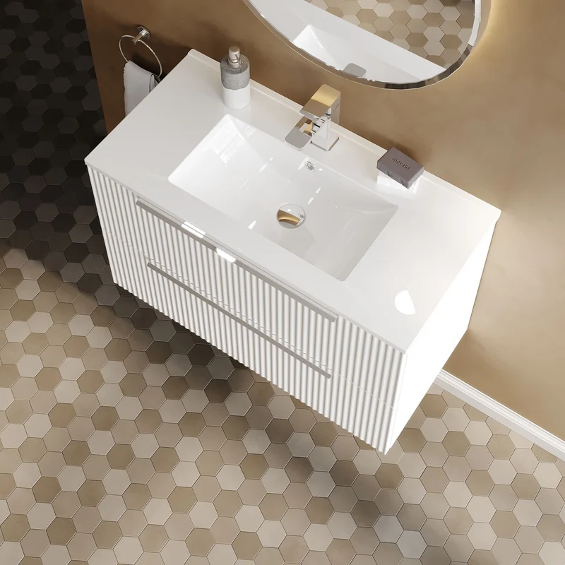 Hudson Reed Fluted Wall Hung 800mm Vanity Unit With 2 Drawers & Ceramic Basin - Satin White