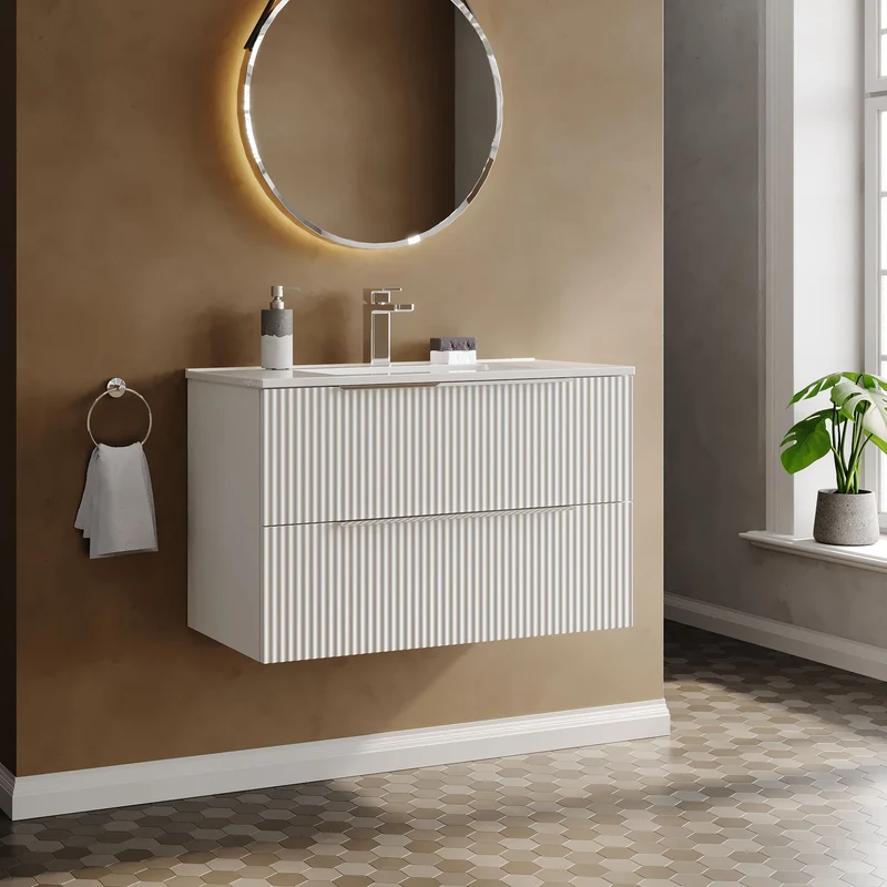 Hudson Reed Fluted Wall Hung 800mm Vanity Unit With 2 Drawers & Ceramic Basin - Satin White