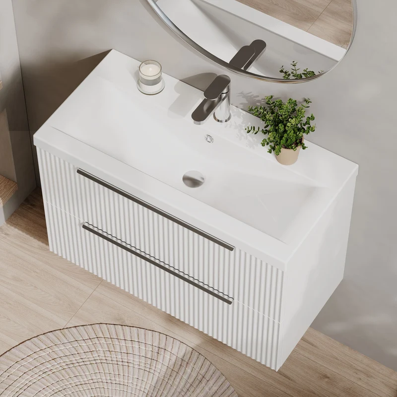 Hudson Reed Fluted Wall Hung 800mm Vanity Unit With 2 Drawers & Ceramic Basin - Satin White