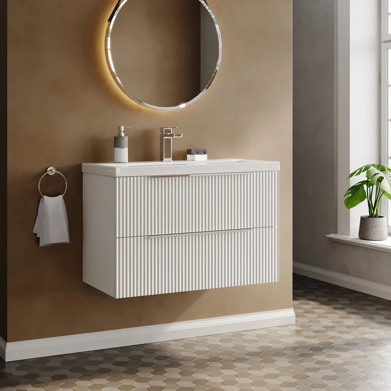 Hudson Reed Fluted Wall Hung 800mm Vanity Unit With 2 Drawers & Ceramic Basin - Satin White