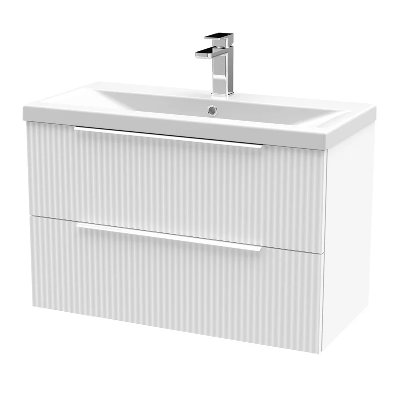Hudson Reed Fluted Wall Hung 800mm Vanity Unit With 2 Drawers & Ceramic Basin - Satin White