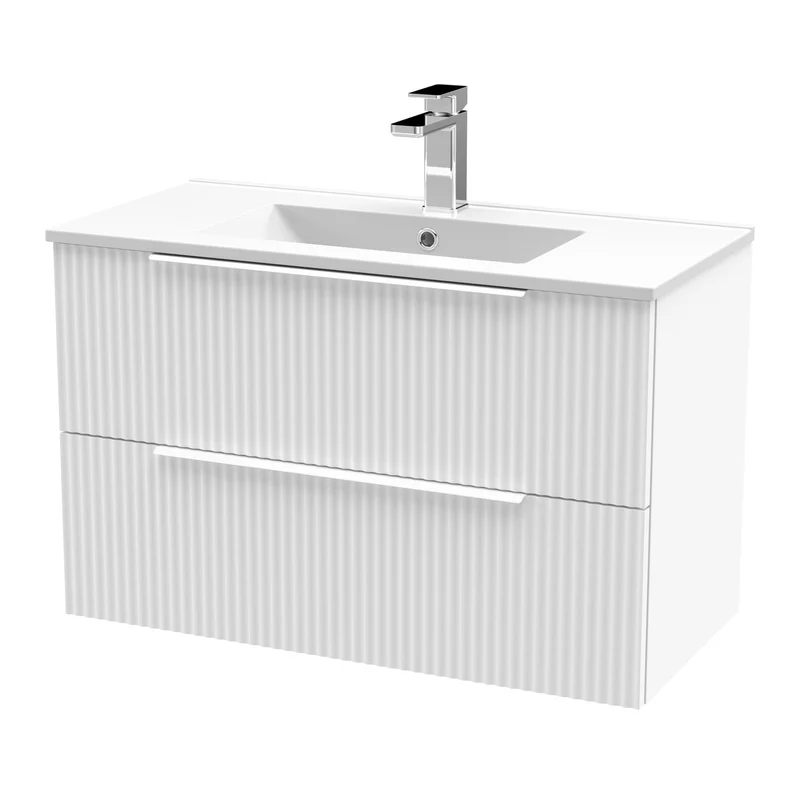 Hudson Reed Fluted Wall Hung 800mm Vanity Unit With 2 Drawers & Ceramic Basin - Satin White