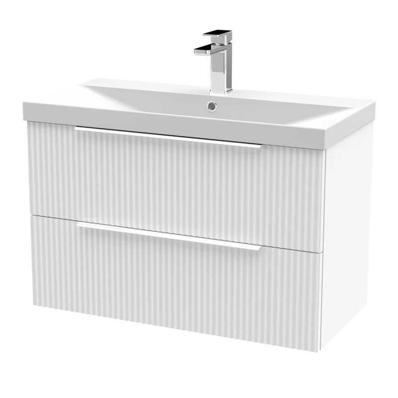 Hudson Reed Fluted Wall Hung 800mm Vanity Unit With 2 Drawers & Ceramic Basin - Satin White
