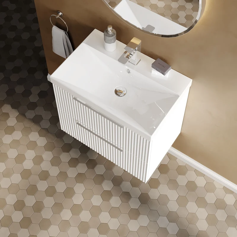Hudson Reed Fluted Wall Hung 600mm Vanity Unit With 2 Drawers & Ceramic Basin - Satin White