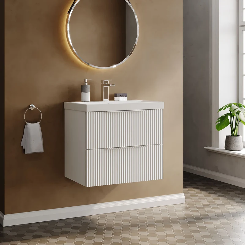 Hudson Reed Fluted Wall Hung 600mm Vanity Unit With 2 Drawers & Ceramic Basin - Satin White