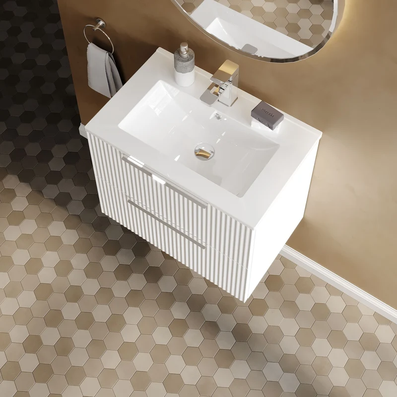 Hudson Reed Fluted Wall Hung 600mm Vanity Unit With 2 Drawers & Ceramic Basin - Satin White