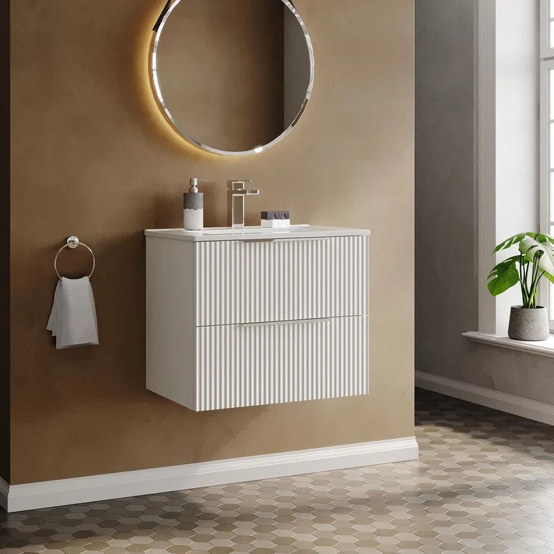 Hudson Reed Fluted Wall Hung 600mm Vanity Unit With 2 Drawers & Ceramic Basin - Satin White