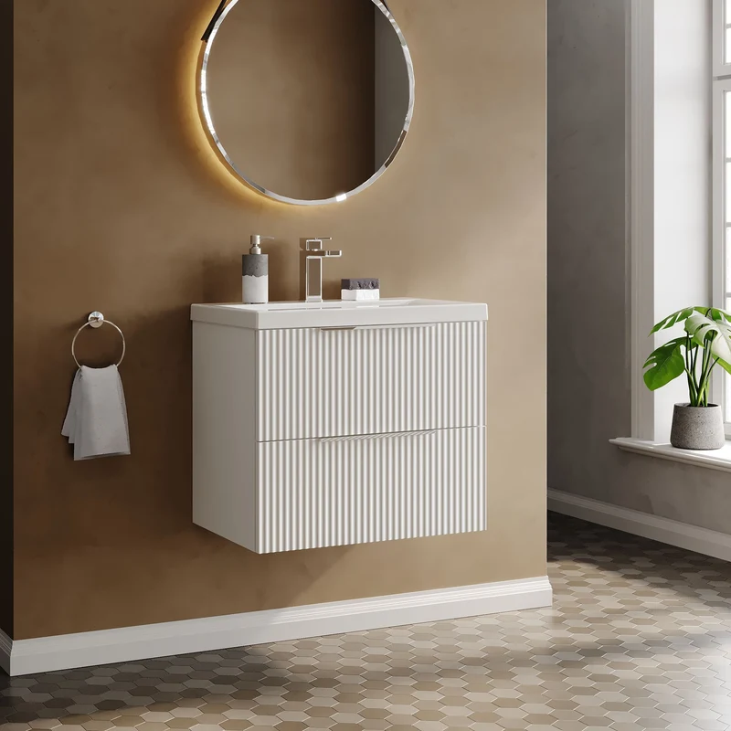 Hudson Reed Fluted Wall Hung 600mm Vanity Unit With 2 Drawers & Ceramic Basin - Satin White