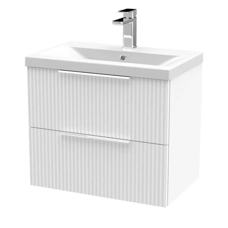 Hudson Reed Fluted Wall Hung 600mm Vanity Unit With 2 Drawers & Ceramic Basin - Satin White