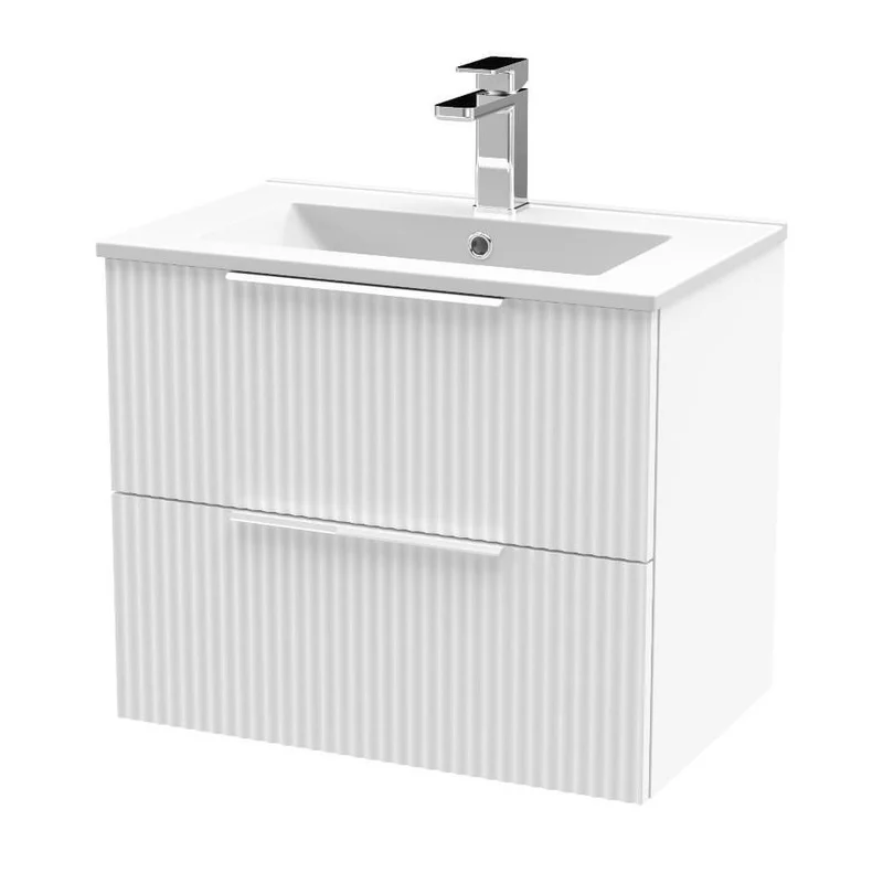Hudson Reed Fluted Wall Hung 600mm Vanity Unit With 2 Drawers & Ceramic Basin - Satin White