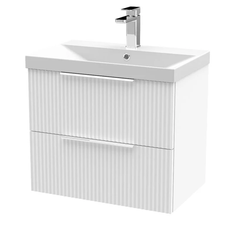 Hudson Reed Fluted Wall Hung 600mm Vanity Unit With 2 Drawers & Ceramic Basin - Satin White
