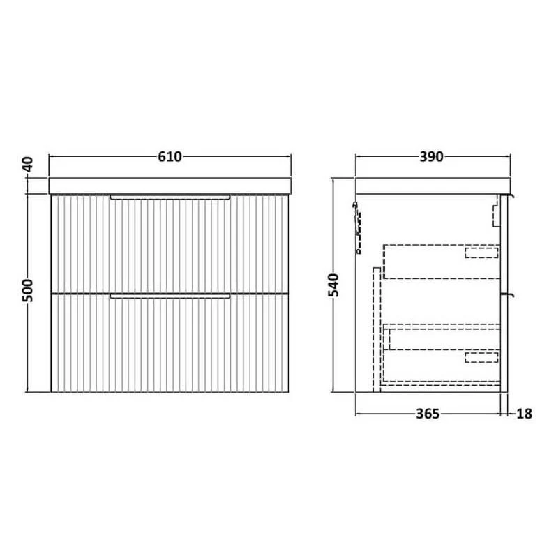 Hudson Reed Fluted Wall Hung 600mm Vanity Unit With 2 Drawers & Ceramic Basin - Satin White