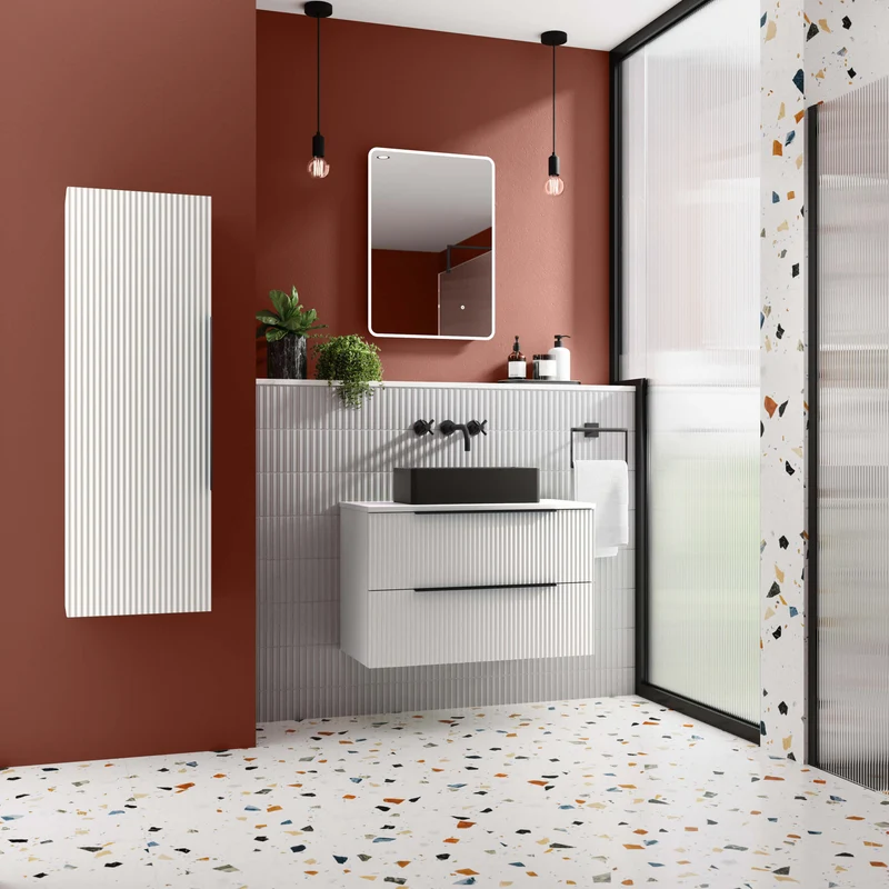 Hudson Reed Fluted Wall Hung 600mm Vanity Unit With 2 Drawers & Ceramic Basin - Satin White
