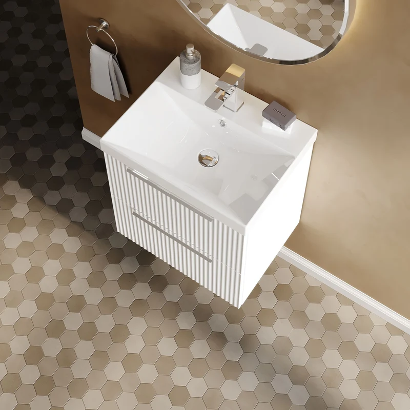 Hudson Reed Fluted Wall Hung 500mm Vanity Unit With 2 Drawers & Ceramic Basin - Satin White