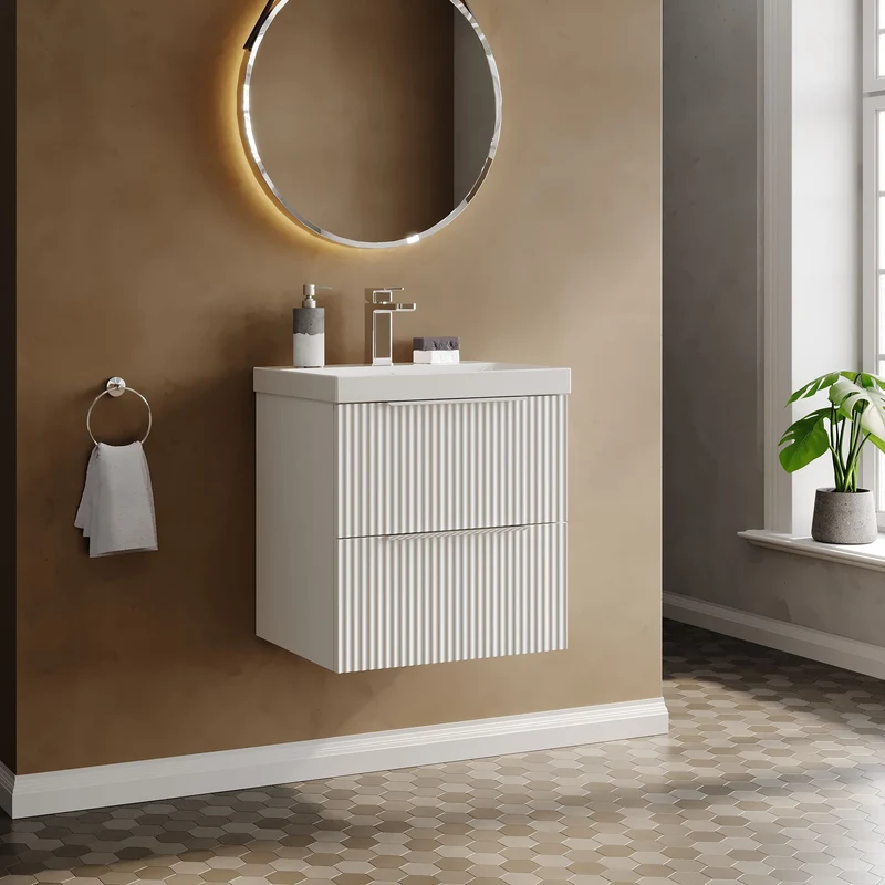 Hudson Reed Fluted Wall Hung 500mm Vanity Unit With 2 Drawers & Ceramic Basin - Satin White