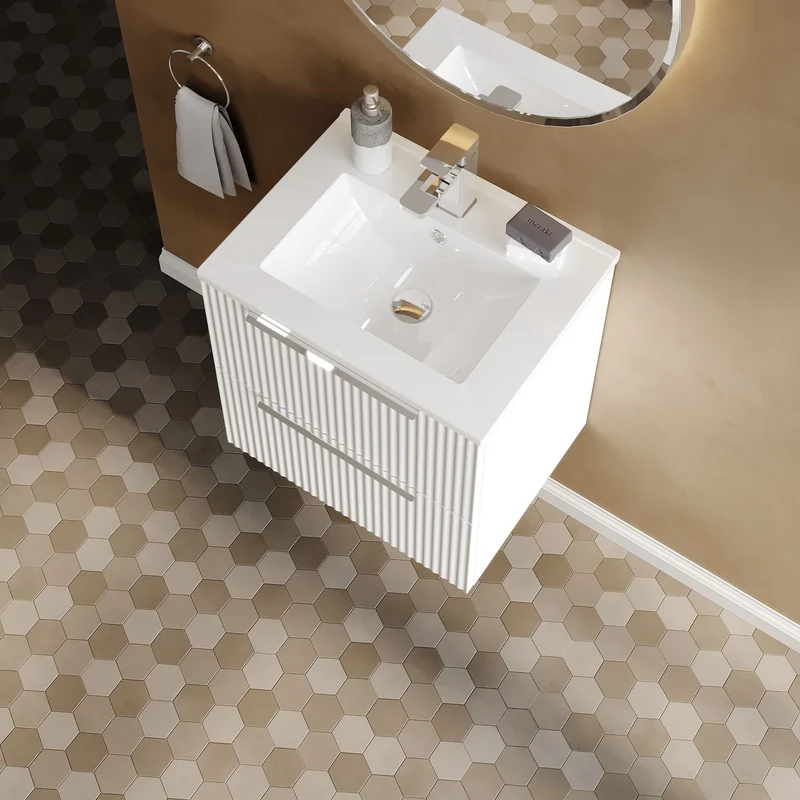 Hudson Reed Fluted Wall Hung 500mm Vanity Unit With 2 Drawers & Ceramic Basin - Satin White