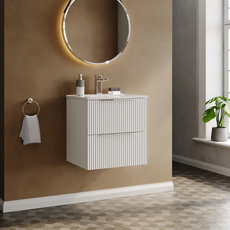 Hudson Reed Fluted Wall Hung 500mm Vanity Unit With 2 Drawers & Ceramic Basin - Satin White
