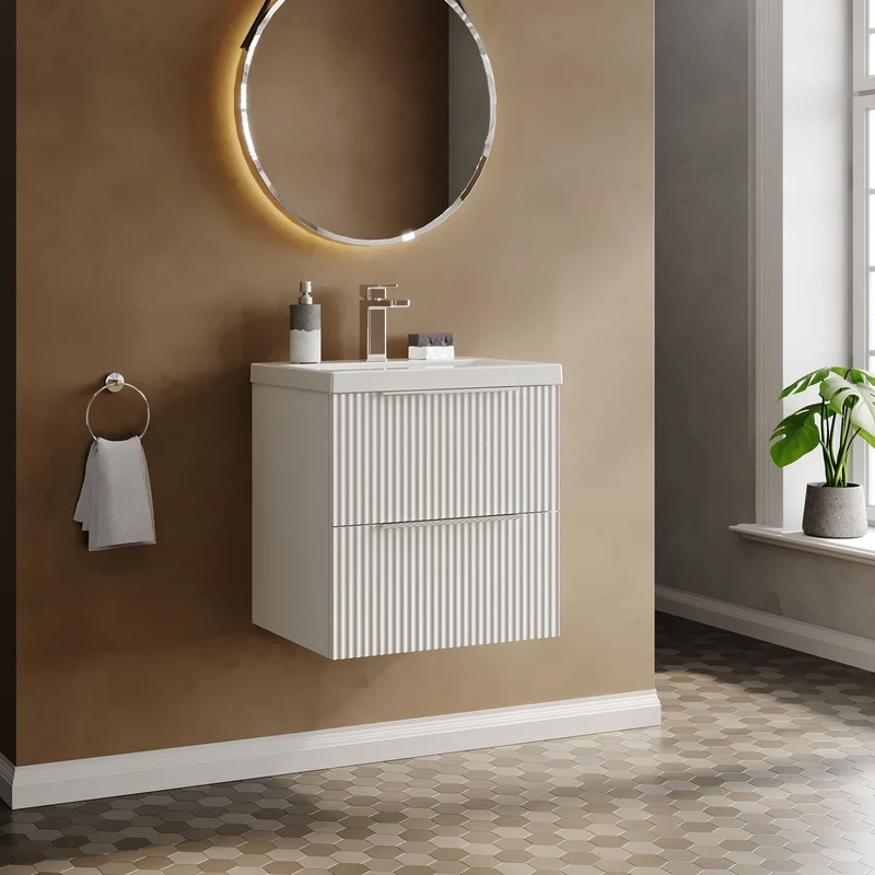 Hudson Reed Fluted Wall Hung 500mm Vanity Unit With 2 Drawers & Ceramic Basin - Satin White
