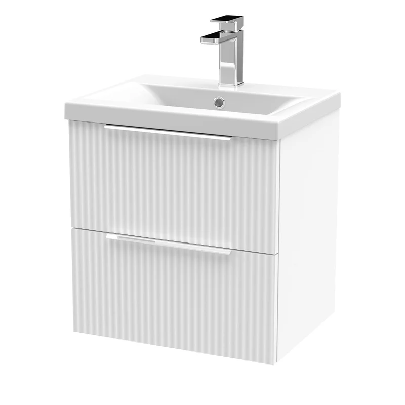 Hudson Reed Fluted Wall Hung 500mm Vanity Unit With 2 Drawers & Ceramic Basin - Satin White