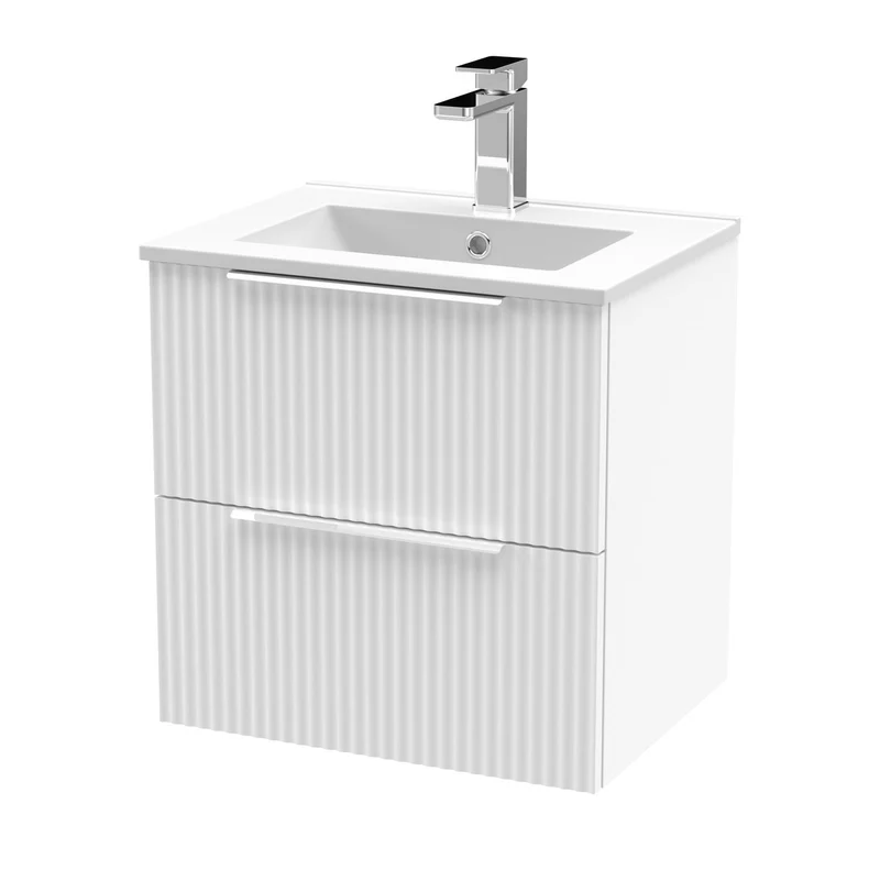 Hudson Reed Fluted Wall Hung 500mm Vanity Unit With 2 Drawers & Ceramic Basin - Satin White