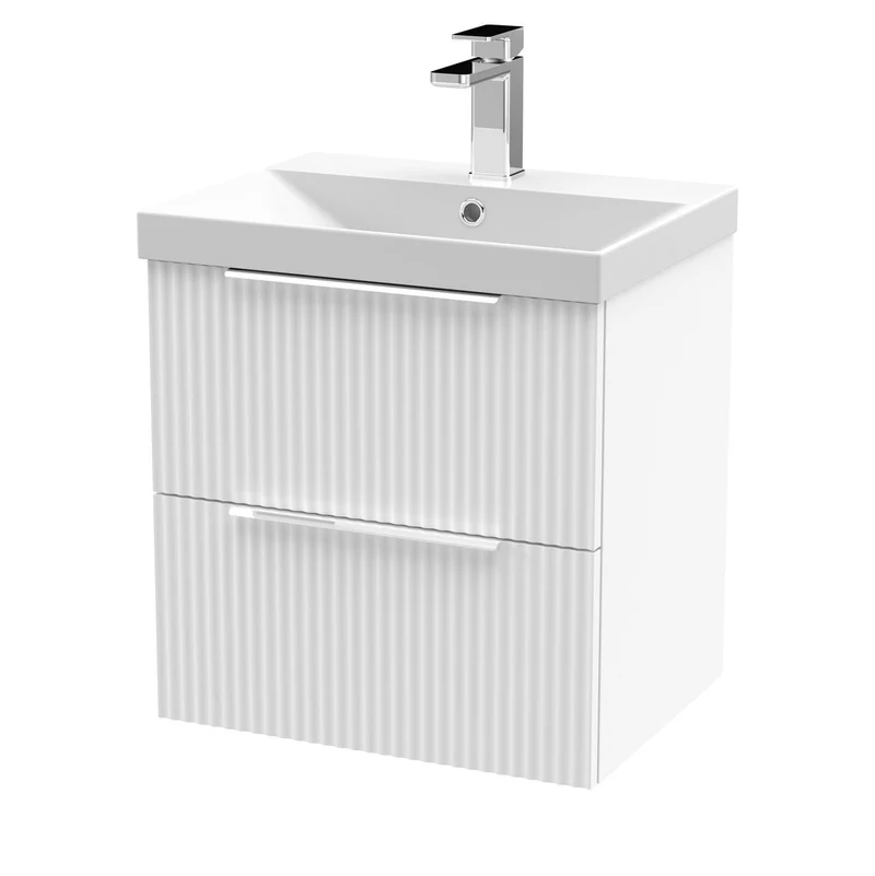 Hudson Reed Fluted Wall Hung 500mm Vanity Unit With 2 Drawers & Ceramic Basin - Satin White